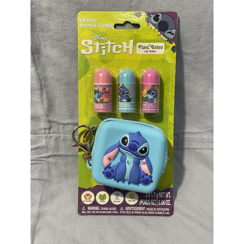 NEW Walt Disney Stitch 3 Piece Plant-Based Lip Balm Set w/ Coin Purse & Keychain